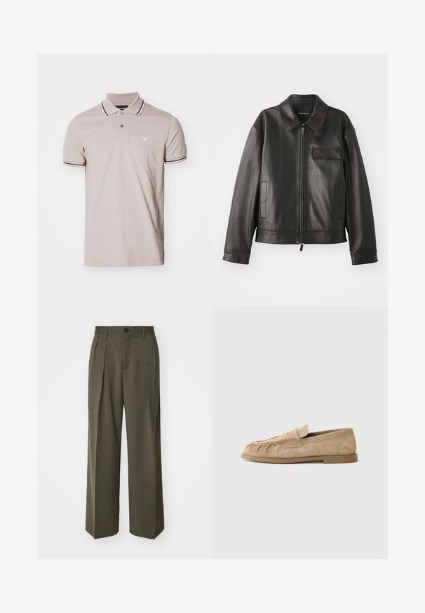 Μαύρο δερμάτινο μπουφάν με γιακά, μπροστινό φερμουάρ και δύο πλαϊνές τσέπες. Διαθέτει τσέπη στο στήθος με λεπτομέρεια καπάκι και λεία υφή.; Ανοιχτό μπεζ polo μπλουζάκι φτιαγμένο από βαμβάκι, με τρεις κουμπάδες, κολάρο και μανσέτες σε μαύρες και άσπρες ρίγες, και ένα μικρό λογότυπο.; Filippa K WIDE TROUSERS - Παντελόνι - driftwood; Μπεζ σουέντ loafers με καλή σχεδίαση, διαθέτοντας επίπεδη σόλα και διακοσμητική ταινία διαγώνια πάνω από το πάνω μέρος. Λείο υλικό.