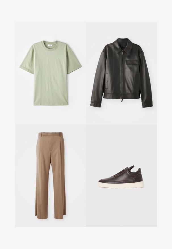 Chaqueta de cuero negro con cuello, cremallera frontal y dos bolsillos laterales. Presenta un bolsillo en el pecho con detalle de solapa y textura suave.; Camiseta de algodón verde claro con mangas cortas, cuello redondo y pequeño logo blanco en el pecho. Textura suave, corte casual y diseño minimalista.; Pantalones de corte recto en marrón claro con perneras rectas, lazos para cinturón, costura frontal y cierre oculto, exhibidos en plano sobre un fondo blanco.; Zapatilla de cuero texturizado marrón oscuro con cordones en la parte frontal y suela de goma blanca con estrías sobre un fondo claro y liso.
