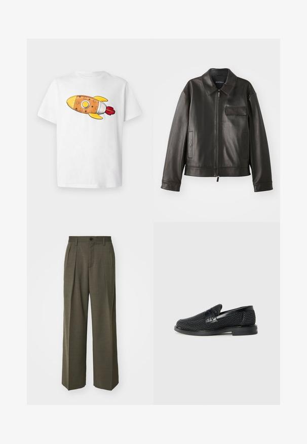 Black leather jacket with a collar, front zipper, and two side pockets. Features a chest pocket with flap detail and smooth texture.; White t-shirt featuring a colorful rocket graphic. The rocket is orange with yellow accents, silver details, and red flames.; Filippa K WIDE TROUSERS - Trousers - driftwood; Black woven slip-on shoe with a smooth leather accent on the upper, a round toe design, and a low-profile rubber sole.
