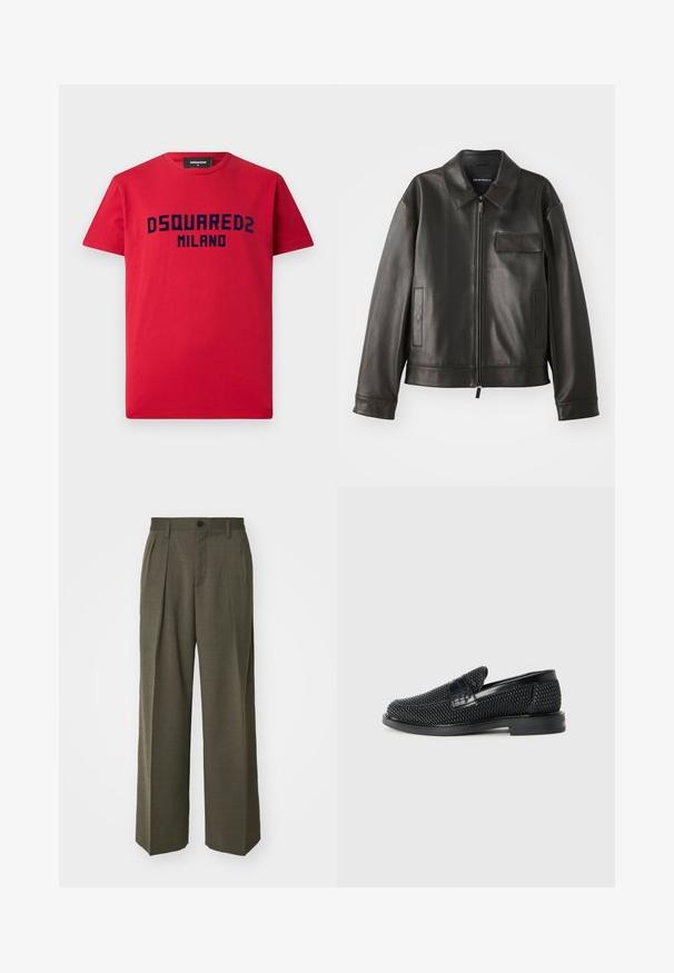 Sort læderjakke med krave, frontlynlås og to sidelommer. Har en brystlomme med klapdetalje og glat tekstur.; Rød bomulds t-shirt med korte ærmer, prydet med marineblå "DSQUARED2 MILANO" logo på tværs af brystet. Klassisk crew neck design.; Filippa K WIDE TROUSERS - Bukser - driftwood; Sort vævet slip-on sko med en glat læderdetalje på overdelen, en rund tådesign og en lavprofil gummisål.