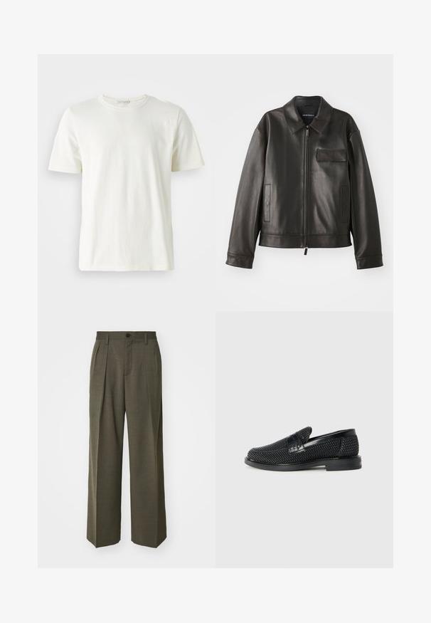 Must värvi nahast jakk, millel on krae, esitõmblus ja kaks külge taskut. Omab rinna taskut klapiga detailiga ja sujuva tekstuuriga.; Hele kooreline puuvillane T-särk ümmarguse kaelusega ja lühikeste varrukatega. Sujuv tekstuur, lihtne disain ja mugav lõige. Ilma mustrite või aktsentideta.; Filippa K WIDE TROUSERS - Püksid - driftwood; Must musta kootud slip-on king, millel on pehme nahast accent ülaserval, ümmargune varvas ja madal profiiliga kummitald.