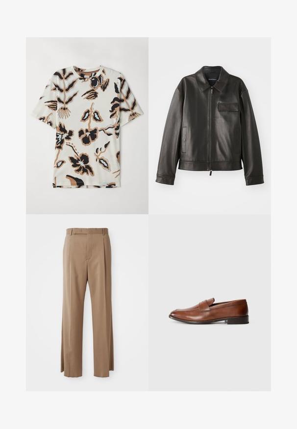 Must värvi nahast jakk, millel on krae, esitõmblus ja kaks külge taskut. Omab rinna taskut klapiga detailiga ja sujuva tekstuuriga.; Lühikeste varrukatega T-särk, mis on valmistatud pehmest kangast. Särgil on kreemjas taust, millel on mustade, pruunide ja helesiniste abstraktsete lillemuster.; Kergelt pruunid kohandatud püksid sirgete jalgadega, vöökohaga, esiseame ja peidetud kinnihoidmisega, esitatud tasapinnal valgel taustal.; Pruunist nahast loafersid ümmarguse varbaga, minimaalse õmblusega ja madala plokknõgaga. Omavad dekoratiivset rihma üle varbaosa.