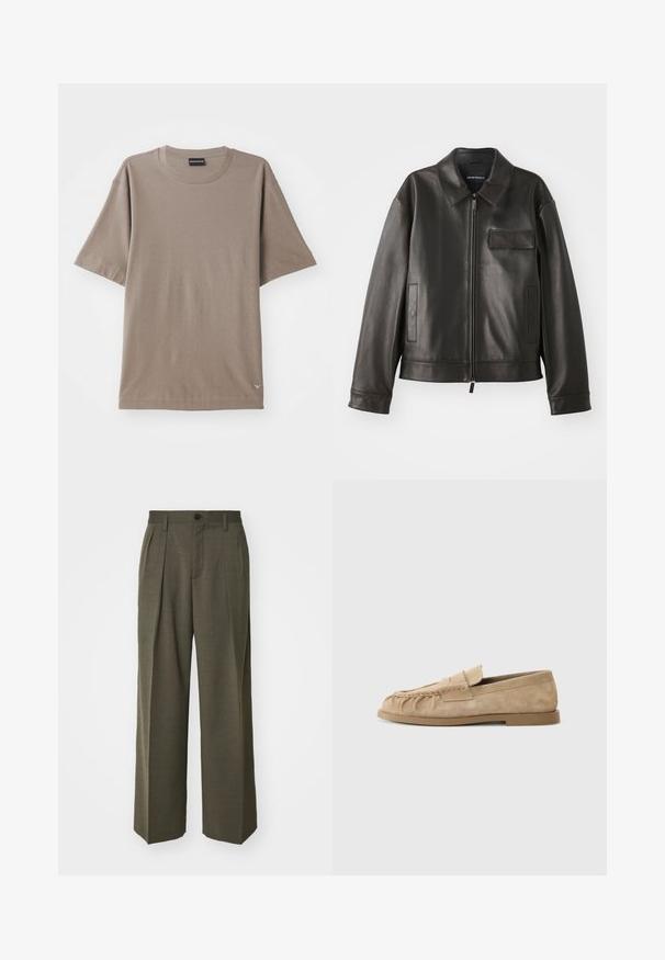 Černá kožená bunda s límcem, předním zipem a dvěma bočními kapsami. Obsahuje kapsu na hrudi s klopou a hladkou texturou.; Hnědé tričko s krátkým rukávem a kulatým výstřihem, s jemným texturovaným vzorem a malou značkovou cedulkou na dolní levé straně.; Filippa K WIDE TROUSERS - Kalhoty - driftwood; Béžové semišové slip-on mokasíny s nařaseným designem, mají plochou podrážku a dekorativní pásek přes nárt. Hladký povrch.