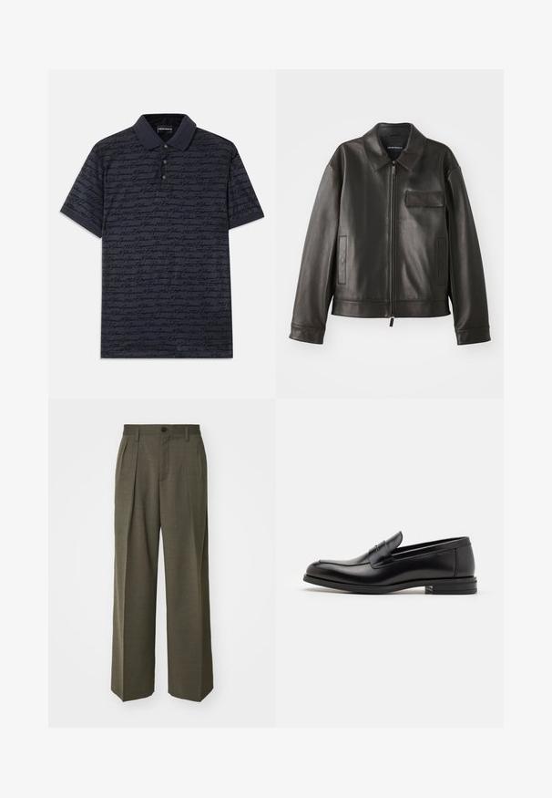 Fekete bőr dzseki gallérral, elülső cipzárral és két oldalsó zsebbek. Jellemzője a mellzsebpocket, amely fakkal díszített, sima textúrával.; Sötétkék, rövid ujjú polo póló, amely textúrált, sötétebb kék színű írott mintával rendelkezik. Gombos záródás és kontrasztos gallér.; Filippa K WIDE TROUSERS - Nadrágok - driftwood; Fekete bőr loaferek sima textúrával, kerek orral és dekoratív pánttal a vampnál. Alacsony, rétegelt sarkú, minimalista dizájn.
