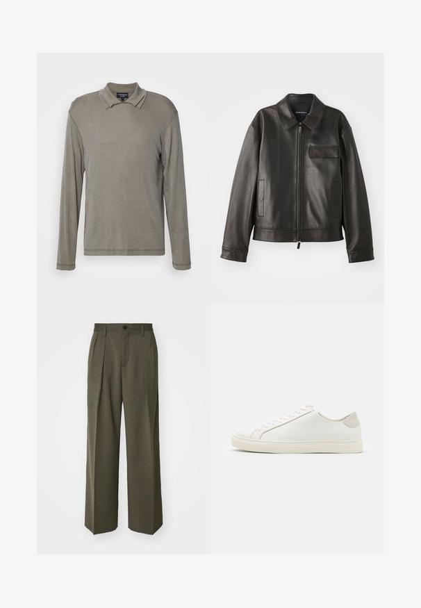 Fekete bőr dzseki gallérral, elülső cipzárral és két oldalsó zsebbek. Jellemzője a mellzsebpocket, amely fakkal díszített, sima textúrával.; Hosszú ujjú pólóing, tompa szürke színben, puha anyagból készült, finom bordás textúrával. Klasszikus gallér és varrt hem jellemzi.; Filippa K WIDE TROUSERS - Nadrágok - driftwood; Fehér bőr sneaker sima felülettel, kerek orral és minimalista dizájnnal. Bézs kiemelésekkel a sarokon és gumitalppal rendelkezik.