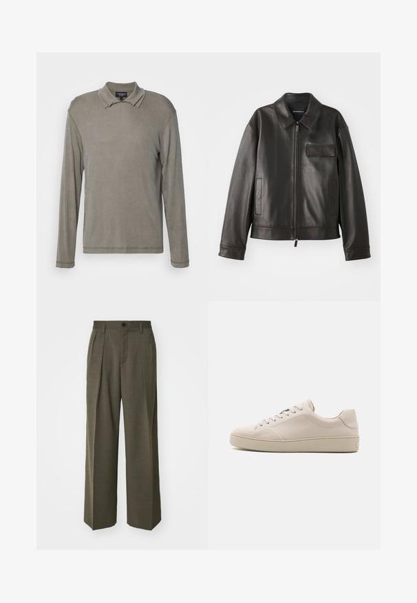 Melna ādas jaka ar apkakli, priekšējo rāvējslēdzi un diviem sānu kabatām. Iezīmē krūšu kabatu ar atloku un gludu tekstūru.; Garais piedurknēm polo krekls mīkstu audumu ar vieglu ribotu tekstūru. Tam ir klasiskas formas apkakle un izšūts apakšmalas. ; Filippa K WIDE TROUSERS - Auduma bikses - driftwood; Bežīgas ādas sporta kurpes ar gludu virsmu, noapaļota purngala daļa, plakanā zole un klasiskā sasienamo kurpju dizains. Subtilas šuves akcenti un teksturēta zole.