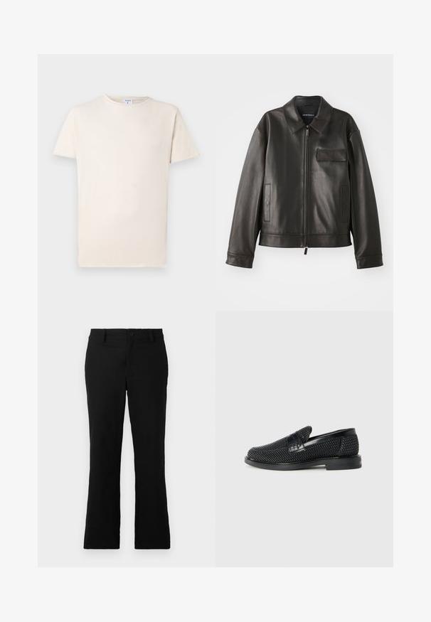 Czarna skórzana kurtka z kołnierzykiem, przednim zamkiem błyskawicznym i dwiema bocznymi kieszeniami. Posiada kieszeń na piersi z klapką i gładką fakturę.; Beżowa koszulka z krótkim rękawem, wykonana z miękkiej bawełny, z okrągłym dekoltem i luźnym krojem. Delikatna tekstura z minimalnymi detalami.; Czarne spodnie z szerokimi nogawkami wykonane z mieszanki bawełny, z zapięciem na guzik, szlufkami na pasek oraz gładką teksturą bez widocznych wzorów.; Czarny, pleciony but wsuwany z gładkim skórzanym akcentem na cholewce, o okrągłym nosku i niskoprofilowej gumowej podeszwie.