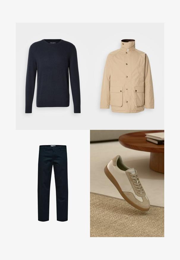 Beige jakke med høy krage, glidelås og knappelukking. Har to frontlommer og et strukturert stoff. Passer til hverdagsbruk.; Marineblå genser med rund hals laget av myk strikket stoff, med lange ermer og en diskret logo på brystet, samt ribbestrikkede mansjetter og kant.; Sorte bomullsbukser med rett ben-design, som har en enkel knappelukking og standard lommer. Glatt tekstur og ingen synlige mønstre.; Lett sko med en hvit skinn-overdel og beige semsket skinn-detaljer, rund tupp og en teksturert brun gummisåle.