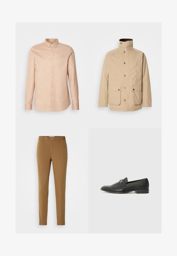 Beige jacket with a high collar, zip closure, and snap buttons. Features two front pockets and a textured fabric. Suitable for casual wear.; Light beige button-up shirt made of cotton with long sleeves, a fitted collar, and a small logo on the chest. Smooth texture, classic design.; Brown tailored trousers with a straight fit, featuring a front zipper, button closure, and two side pockets for functionality.; Black leather loafer with a smooth finish, featuring a stitched design and a decorative metal chain accent across the vamp. Flat heel.