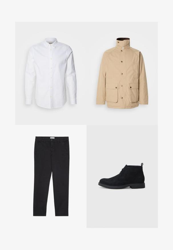 Béžová bunda s vysokým límcem, zapínáním na zip a patentkami. Obsahuje dvě přední kapsy a texturovanou látku. Vhodná pro volný čas.; Bílá košile s dlouhým rukávem na knoflíky vyrobená z bavlny, s pevně strukturovaným límcem, nenápadnou výšivkou loga a světlými hnědými knoflíky.; Černé bavlněné kalhoty s úzkým střihem, které mají dvě boční kapsy a přední zapínání na knoflík. Texturovaná tkanina s jemnými detaily.; Černé semišové kotníkové boty s kulatou špičkou, šněrováním a texturovanou gumovou podrážkou. Na zadní straně mají malou poutko.