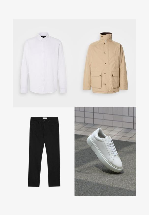 Bež jakna s visokim ovratnikom, zatvaranjem na patentni zatvarač i dugmadi na pritisak. Ima dva prednja džepa i teksturirani materijal. Pogodna za ležernu odjeću.; Bijela košulja dugih rukava s gumbima od platna. Ima klasični ovratnik i jednu džep na prsima s jednostavnim detaljima dugmadi.; Crne ravne traperice s pet džepova, zatvaranje na gumbe i patentni zatvarač, te oznakom marke Pier One na pojasu.; Bijela kožna tenisica s glatkom površinom, okruglim vrhom i ravnim bijelim vezicama. Ima teksturiran gumeni potplat i minimalne dizajnerske elemente.
