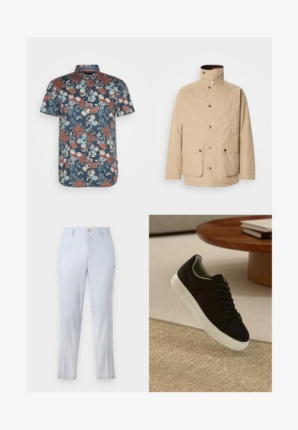 Beige jacka med hög krage, dragkedjestängning och tryckknappar. Har två fickor fram och ett strukturerat tyg. Lämplig för avslappnad användning.; Kortärmad skjorta med en mörkblå bakgrund och ett blommönster i rött, vitt och turkos. Button-down krage, avslappnad passform.; Ljusblåa byxor i vävt tyg med klassisk passform, rak benlängd, framfickor och knappstängning. Diskret mönsterdetalj.; Svart sneakers med vit sula svävande över en beige texturerad matta nära ett runt träbord med staplade böcker.