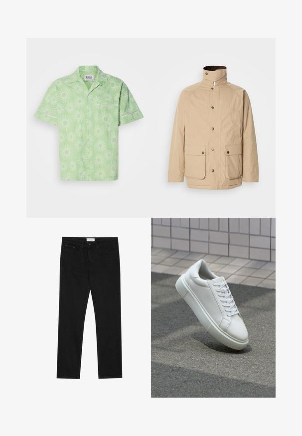 Beige jakke med høy krage, glidelås og knappelukking. Har to frontlommer og et strukturert stoff. Passer til hverdagsbruk.; Kortermet lysegrønn skjorte med et solstråle-mønster i hvitt, med knapplukking og en liten brystlomme. Teksturert stoff.; Svarte jeans med rette ben, fem lommer, knapp og glidelås-lukking, og et Pier One-merkelapp på midjen.; Hvit lær sneaker med glatt overflate, rund tå og flate hvite snøringer. Har en teksturert gummisåle og minimale design elementer.