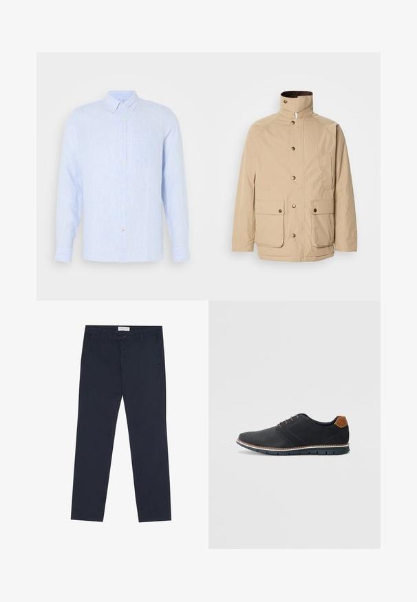Bežna jakna z visokim ovratnikom, z zadrgo in gumbi na pritisk. Ima dva sprednja žepa in teksturirano tkanino. Primerna za sproščeno nošenje.; Svetlo modra košulja z gumbi, izdelana iz teksturirane tkanine, z ovratnikom, dolgimi rokavi, žepom na prsih in subtilnim vzorcem črt.; Mornarsko modri chino hlače iz bombaža z gladko teksturo, z zadrgo, pasom za pas in stranskimi žepi za funkcionalnost.; Črne sintetične čevlje z teksturirano zgornjščino, gladkimi akcenti, rjavim petnim delom in kontrastnim podplatom. Imajo minimalno vezanje in detajle šivanja.