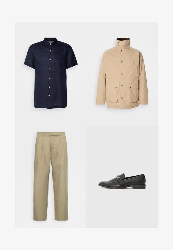 Beige Jacke mit hohem Kragen, Reißverschluss und Druckknöpfen. Verfügt über zwei Vordertaschen und einen strukturierten Stoff. Geeignet für die Freizeit.; Kurzarm-Hemden aus navyfarbenem Leinen mit Button-down-Kragen, Fronttasche und weißen Knöpfen. Das Hemd hat einen strukturierten Stoff und einen geraden Saum.; Beige, hochgeschnittene Hose mit geradem Schnitt, flachem Bund, Seitentaschen und einem glatten, strukturierten Stoff.; Schwarzer Lederloafer mit glatter Oberfläche, ausgestattet mit einer gesteppten Gestaltung und einem dekorativen Metallkettendetail über dem Vorderblatt. Flacher Absatz.