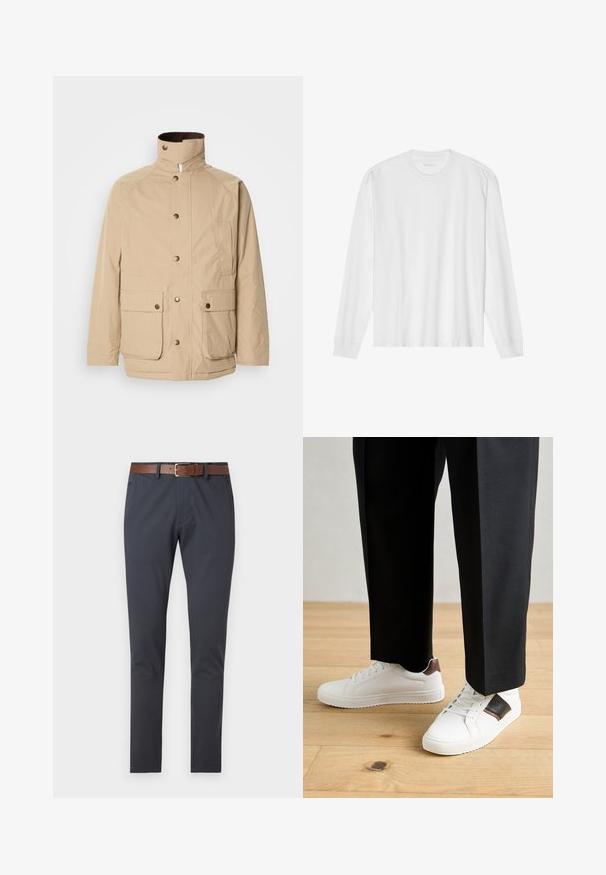 Bežová bunda s vysokým golierom, zipsom a cvokmi. Má dve predné vrecká a textúrovanú tkaninu. Vhodná na každodenné nosenie.; Dlhý rukáv, biela bavlnená tričko s okrúhlym výstrihom a rebrovanými manžetami. Jednoduchý, bezvýzdobový dizajn s hladkou textúrou a štandardným strihom.; Tmavomodré chinos s hladkou textúrou, so hnedým koženým opaskom s obdĺžnikovou striebornou prackou, strih na mieru a bez viditeľných vzorov.; Biele tenisky s hladkým povrchom, s hnedými koženými akcentmi a čiernymi detailmi, spárované s čiernymi elegantnými nohavicami. Pozadím je drevená podlaha.
