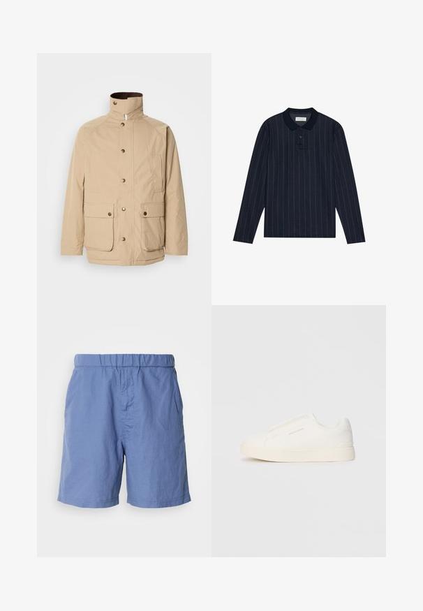 Šviesiai ruda striukė su aukštu apykakle, užtrauktuku ir spaudėmis. Turi dvi priekinės kišenes ir struktūruotą audinį. Tinka kasdieniams drabužiams.; Jūros mėlynos ilgos rankovės polo marškiniai su apykaklės iškirpte, su plonomis vertikaliomis juostelėmis ir trims mygtukais. Minkšta audinio tekstūra.; Mėlyni, lengvi šortai su elastingu juosmeniu, plokščiu priekiu ir šoninėmis kišenėmis. Pagaminti iš minkštos, kvėpuojančios medžiagos, tinkami šiltam orui.; Baltos slip-on sportbačiai su tekstūruota paviršiumi, storesniu padu ir minimalistišku dizainu. Šone matosi prekės ženklo logotipas.