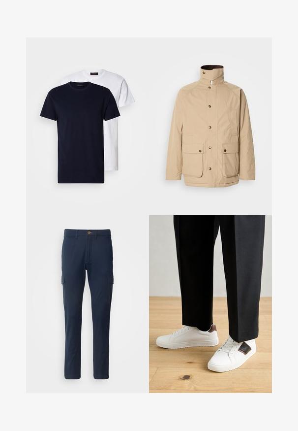 Jachetă bej cu guler înalt, închidere cu fermoar și capse. Prezintă două buzunare frontale și un material texturat. Potrivită pentru ținute casual.; Două tricouri din bumbac: unul albastru închis și unul alb, ambele cu mâneci scurte și guler rotund, textură netedă și fără modele vizibile.; Pantaloni cargo de marină dintr-un amestec de bumbac, cu două buzunare laterale, fermoar și închidere cu buton în față. Design cu picior drept.; Sneakers albe cu textură netedă, având accente din piele maro și detalii negre, asociate cu pantaloni negri pe măsură. Fundal din podea din lemn.