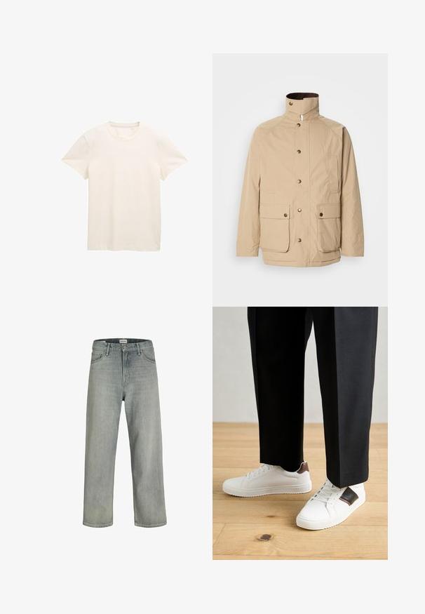 Šviesiai ruda striukė su aukštu apykakle, užtrauktuku ir spaudėmis. Turi dvi priekinės kišenes ir struktūruotą audinį. Tinka kasdieniams drabužiams.; Kremo spalvos medvilninis marškinėliai su trumpomis rankovėmis, apvaliu iškirpimu ir šiek tiek tekstūruotu audiniu. Nėra matomų raštų ar grafikos.; Šviesiai pilkos, laisvai krentančios džinsinės kelnės. Turi klasikinį penkių kišenių dizainą, diržo kilpas ir tiesius kojų siluetus.; Balti sportbačiai su glotnia danga, puošti rudais odiniais akcentais ir juodais detalėmis, derinami su juodais pritaikytais kelnėmis. Medinių grindų fonas.