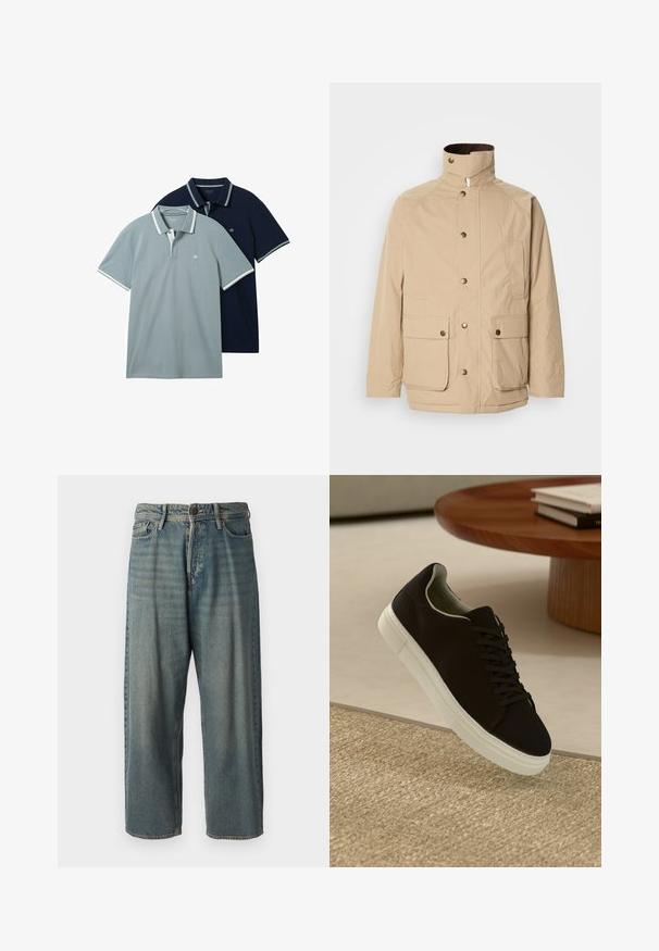 Casaco bege com gola alta, fecho de zíper e botões de pressão. Apresenta dois bolsos frontais e um tecido texturizado. Adequado para uso casual.; Duas camisetas polo: uma cinza claro, outra azul marinho. Ambas apresentam um acabamento contrastante em branco no colarinho e nas mangas, com uma textura subtil.; Jeans de ganga azul claro com um corte solto, cintura média e pernas retas. Apresenta cinco bolsos, passadores de cinto e fecho com botão.; Sneaker preto com sola branca flutuando acima de um tapete texturizado bege, perto de uma mesa redonda de madeira com livros empilhados.