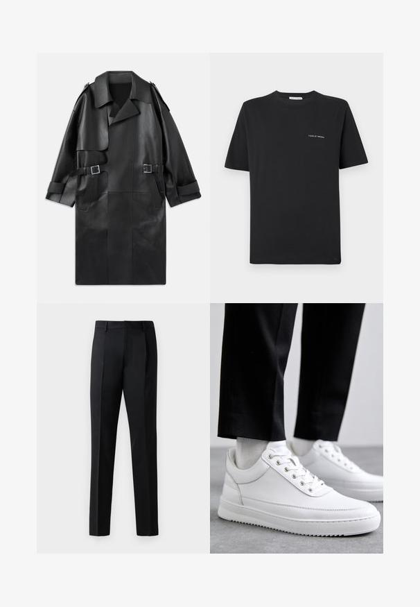 Manteau trench en cuir noir avec un large col, des épaulettes, deux poches avant et deux accents de boucles à la taille.; T-shirt en coton noir avec un col rond, des manches courtes et un petit logo blanc "TIGER OF SWEDEN" sur la poitrine. Coupe classique.; Pantalons formels noirs en tissu lisse, avec une coupe droite, des plis à l'avant et une taille standard sans embellissements.; Baskets blanches en cuir avec une semelle en caoutchouc plat, présentant une finition lisse, un bout rond et des œillets en métal pour les lacets. Portées avec un pantalon noir.