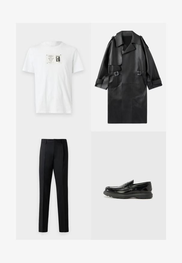 Schwarzer Leder-Trenchcoat mit breitem Kragen, Schulterklappen, zwei Fronttaschen und zwei Schnallenakzenten an der Taille.; Weißes Baumwoll-T-Shirt mit einem schwarz-weißen Grafikdruck eines Schädels innerhalb eines rechteckigen Rahmens auf der Vorderseite. Kurze Ärmel, Rundhalsausschnitt.; Schwarze formelle Hosen aus einem glatten Stoff, mit geradem Bein, vorderen Falten und einem klassischen Bund ohne Verzierungen.; Schwarze Lederloafer mit glanzendem Finish, abgerundetem Zehenbereich, subtilen Steppnähten und einer dicken Gummisohle für Langlebigkeit.
