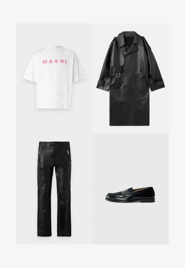 Juodas odinis ilgas paltas su plačiu apykakle, pečių epauletais, dviem priekinėmis kišenėmis ir dviem sagtimis liemens srityje.; Balta medvilnės marškinėliai su žodžiu „MARNI“, raudonos ir rožinės langelių rašto. Trumpomis rankovėmis ir laisvu siluetu.; Juodos odinės kelnės su priekiniu zip užtrauktuku, diržo kilpomis, siuvinėtais kelio paneliais ir išstumtais Ducati bei Dsquared2 prekės ženklo lopeliais ant šlaunies.; Juodas odinis loaferis su tekstūruotu paviršiumi, pintu akcentu ir lygiu apdaila. Žemas kulnas ir minimalistinis dizainas.