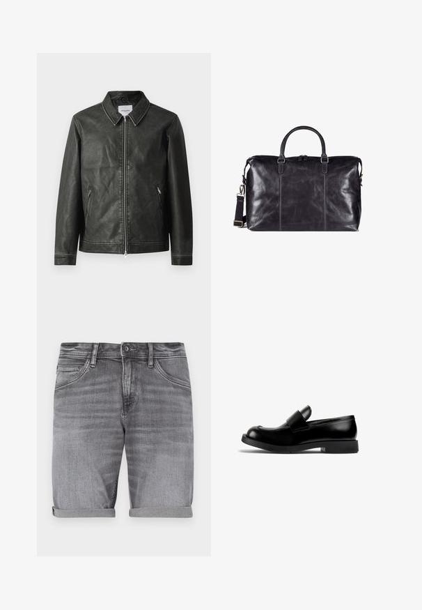 Černá kožená bunda s hladkou texturou, patentním límcem, plným předním zipem a dvěma bočními kapsami. Obsahuje minimální švy.; Bílý bavlněný tričko s kulatým výstřihem a krátkými rukávy. Uvolněný střih bez viditelných vzorů nebo akcentů. Hladká textura.; Šedé denimové šortky se mírně vybledlým povrchem, s ohrnutými rukávy, pěti kapsami a kovovým knoflíkem na zapínání v pase.; Černé kožené mokasíny s kulatou špičkou, plochou gumovou podrážkou a výrazným páskem přes nárt. Hladká textura, minimalistický design.; Černá kožená cestovní taška s dvojitými uchy, nastavitelným ramenním popruhem a decentními švy. Hladký povrch a zipové uzavírání.