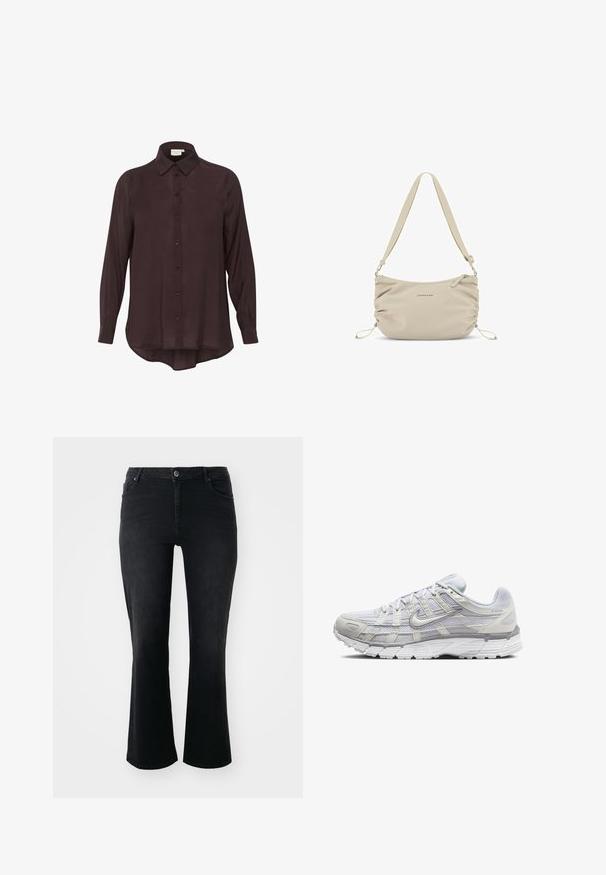 Veste rembourrée blanche avec un col montant, fermeture éclair devant et poches latérales. Texture douce avec une finition lisse et un petit logo sur la poitrine.; Chemise à manches longues violet foncé avec un devant à boutons, texture douce et col cranté. Ourlet arrondi et boutons de couleur assortie.; T-shirt blanche ajustée en coton, avec un col rond et des manches courtes, arborant un logo brodé bleu clair sur le devant.; Jean en denim noir avec taille mi-haute, bouton à l'avant, deux poches avant, deux poches arrière et coupe évasée.; Baskets de sport gris clair avec une tige en mesh et synthétique, dotées d'un système de laçage, d'un col rembourré et d'une semelle texturée pour une meilleure adhérence.; Sac à bandoulière en nylon beige avec une texture douce, des côtés froncés et une sangle ajustable. Dispose d'une fermeture zippée et de détails de logo subtils.; Boucles d'oreilles en argent en forme de hoop, avec une surface lisse et polie et une forme circulaire mince. Le design comprend un fermoir sécurisé.