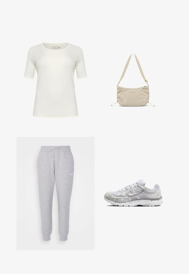 Weißer gepolsterter Jacke mit hohem Kragen, Frontreißverschluss und Seitentaschen. Weiche Textur mit glatter Oberfläche und kleinem Logo auf der Brust.; Kurzarm-T-Shirt in Off-White, aus weicher Baumwolle gefertigt. Hat einen runden Halsausschnitt und eine glatte, nahtlose Textur. Keine auffälligen Akzente.; Hellgraue Sweatpants mit einem Kordelzug in der Taille, schmal zulaufenden Beinen und einem kleinen weißen Logo am linken Oberschenkel. Hergestellt aus einem weichen, strukturierten Stoff.; Helle graue Sportschuhe mit einem Obermaterial aus Mesh und Synthetik, ausgestattet mit Schnürverschluss, gepolsterter Zunge und strukturiertem Sohlen für besseren Grip.; Beige Nylon Schultertasche mit einer weichen Textur, gerafften Seiten und verstellbarem Tragegurt. Verfügt über einen Reißverschlussverschluss und dezente Logo-Details.; Silberne Creolen mit einer glatten, polierten Oberfläche und einer dünnen, runden Form. Das Design verfügt über einen sicheren Verschluss.
