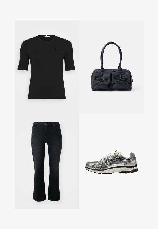 Jachetă albă cu umplutură, guler înalt, fermoar frontal și buzunare laterale. Textură moale cu un finisaj neted și un logo mic pe piept.; Top scurt cu mânecă raglan, de culoare neagră, cu un guler rotund și un mic logo pe piept, pe un fundal alb simplu.; Blugi din denim negri cu talie medie, nasture frontal, două buzunare frontale, două buzunare spate și croi evazat.; Încălțăminte sportivă argintie și neagră, cu un superior din plasă și material sintetic, design voluminos și finisaj texturat. Dispune de un guler captusit și talpă din cauciuc.; Geantă de mână din țesătură neagră, cu două buzunare frontale decorate cu funde, mânere duale și închidere cu fermoar. Textură moale și formă rectangulară.