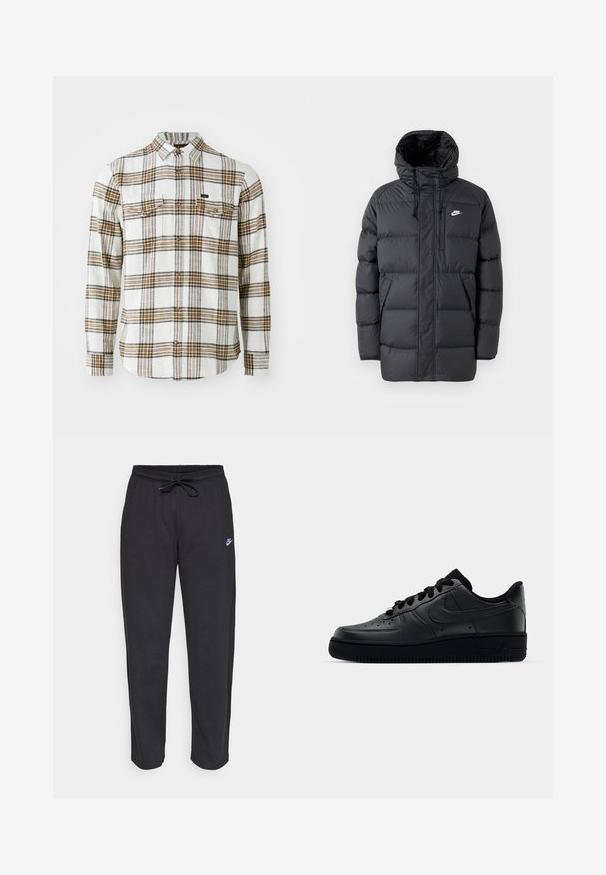 Černá péřová bunda s kapucí, má zip vpředu, elastické manžety, boční kapsy a malé logo na prsou. Texturovaný, prošívaný design.; Lee CLEAN WESTERN - Košile - ecru ochre plaid; Černé tepláky vyrobené z měkké tkaniny s elastickým pasem, šňůrkou na stažení a malým logem Nike na levém stehně.; Černé tenisky Nike Air Force 1 s hladkým koženým svrškem, perforovanou špičkou pro prodyšnost, černými tkaničkami a texturovanou gumovou podešví.