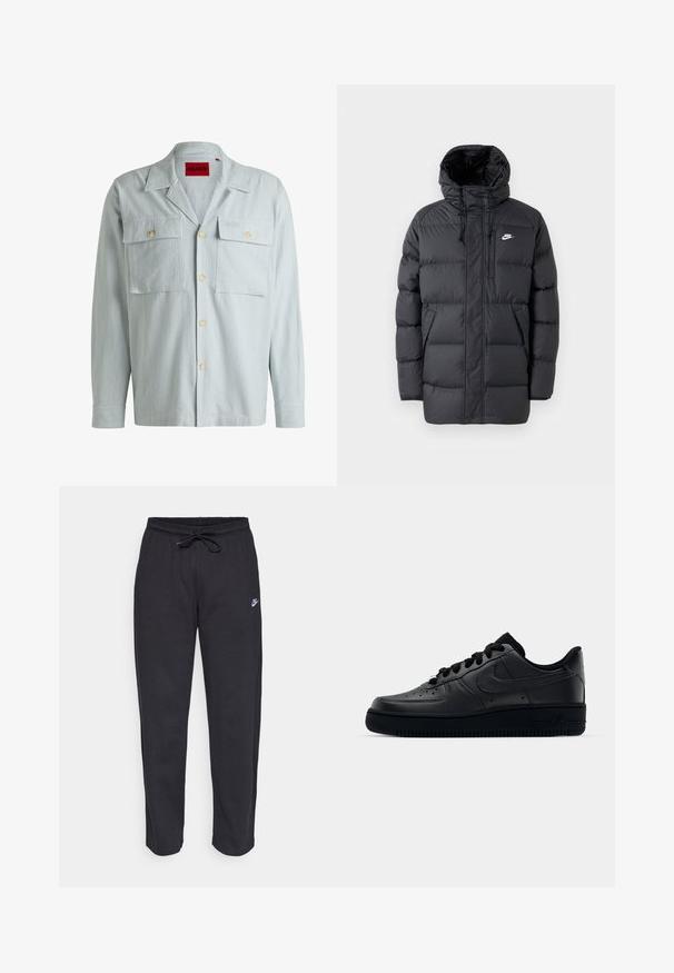 Mustat puffatakki hupulla, jossa on vetoketjullinen etuosa, elastiset hihansuut, sivutaskut ja pieni logo rinnassa. Teksturoitu, tikattu muotoilu.; Vaaleansinihihainen raitapaita, jossa on pitkät hihat, kaksi rintataskua ja napitettu etuosa. Ominaisuuksiin kuuluu klassinen kaulus ja pehmeä kangastunne.; Mustat verkkareita pehmeästä kankaasta, jossa on joustava vyötärö, nyöri ja pieni Nike-logo vasemmassa reidessä.; Musta Nike Air Force 1 -lenkkari, jossa on sileä nahkapinta, rei'itetty varvasosa hengittävyyden parantamiseksi, mustat nauhat ja teksturoitu kumipohja.