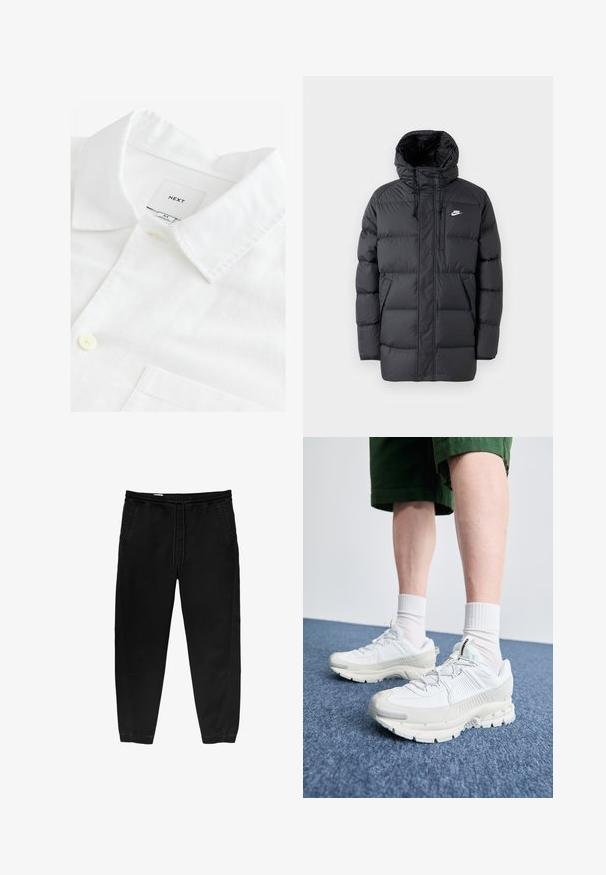 Zwarte pufferjack met capuchon, uitgerust met een ritssluiting aan de voorkant, elastische manchetten, zijzakken en een klein logo op de borst. Getextureerd, gewatteerd ontwerp.; Witte linnen overhemd met een spitse kraag, een enkele knoopsluiting en een borstzak. Etiket leest "NEXT," maat M. Zachte textuur.; Zwarte elastische taillebandbroeken met een trekkoord, taps toelopende benen, zijzakken en subtiele stiksels aan de zijkanten. Zachte katoenachtige stof.; Witte sportieve schoenen met textuuroverlays, een dikke zool en grijze accenten. Draag ze met witte crew-sokken en groene shorts op een blauwe ondergrond.