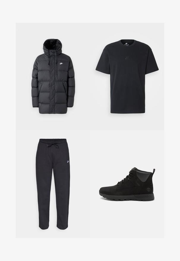 Chaqueta de plumas negra con capucha, que cuenta con un cierre de cremallera frontal, puños elásticos, bolsillos laterales y un pequeño logo en el pecho. Diseño texturizado y acolchado.; Camiseta negra de algodón de Nike con un clásico cuello redondo, mangas cortas y un sutil logo en relieve en el pecho. Textura suave.; Pantalones de chándal negros hechos de una tela suave, con cintura elástica, cordón y un pequeño logo de Nike en el muslo izquierdo.; Botas altas negras de ante y materiales sintéticos, con una superficie texturizada, diseño con cordones y suela de goma con agarre.