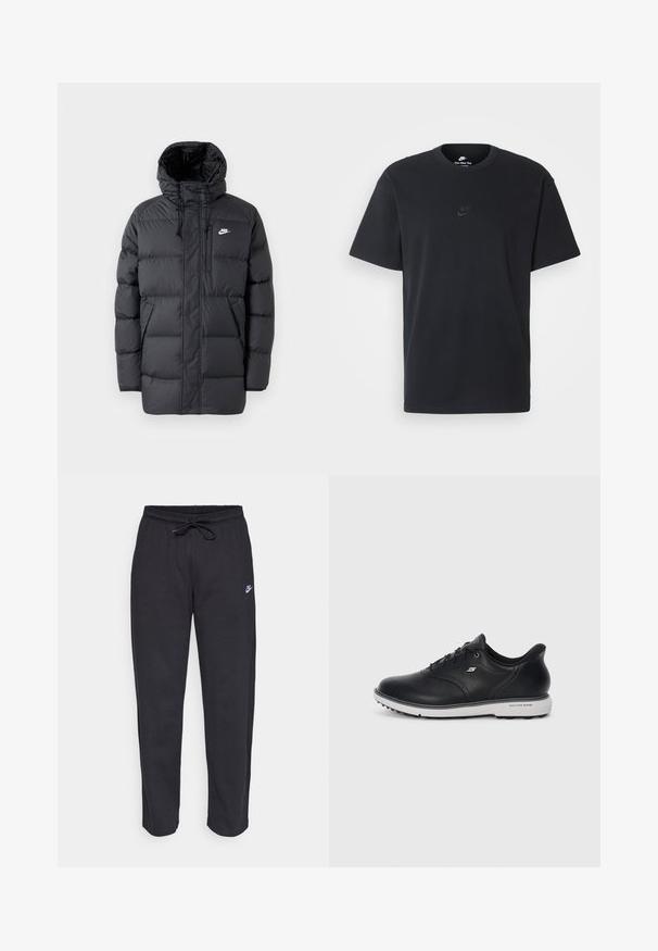 Fekete steppelt kabát kapucnival, elöl cipzárral, rugalmas mandzsettákkal, oldalsó zsebekkel és egy kis logóval a mellen. Texturált, steppelt kialakítás.; Fekete pamut póló Nike márkájú, klasszikus, kerek nyakú, rövid ujjú, és letisztult, dombornyomott logóval a mellkason. Simább textúra.; Fekete, puha anyagból készült melegítőnadrág, rugalmas derékkal, húzózsinórral és egy kis Nike logóval a bal combján.; Fekete bőr fűzős Skechers sportcipő fehér talppal, oldalsó logóval és texturált tapadással a talpon, sima világos háttér előtt.