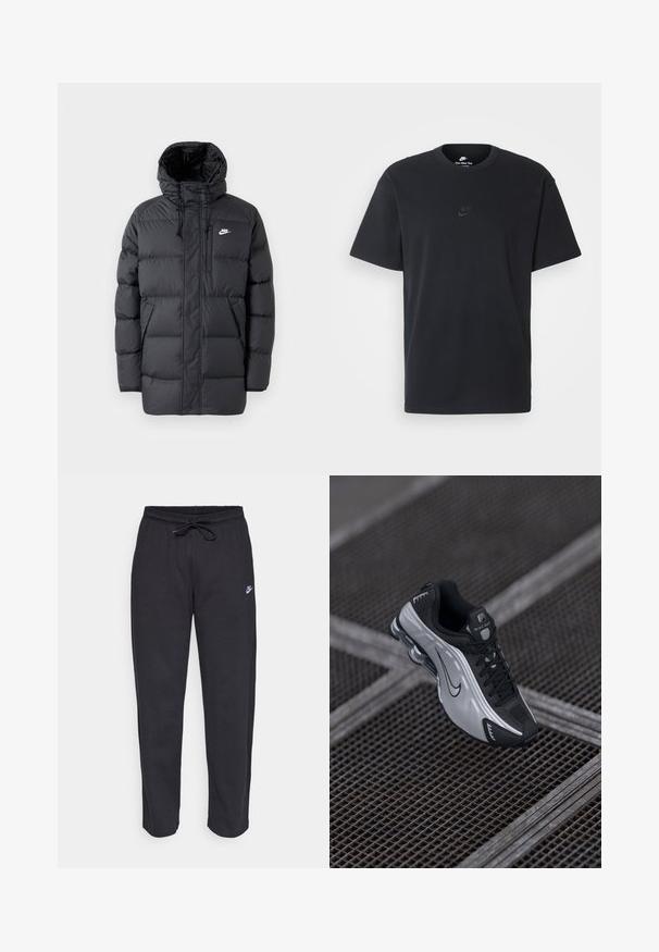 Černá péřová bunda s kapucí, má zip vpředu, elastické manžety, boční kapsy a malé logo na prsou. Texturovaný, prošívaný design.; Černé bavlněné tričko Nike s klasickým kulatým výstřihem, krátkými rukávy a decentně vyraženým logem na hrudi. Hladký povrch.; Černé tepláky vyrobené z měkké tkaniny s elastickým pasem, šňůrkou na stažení a malým logem Nike na levém stehně.; Sportovní obuv Nike s černo-stříbrným designem. Vyrobena z umělého materiálu s síťovinou a podpůrnou podrážkou s viditelným vzduchovým polstrováním.
