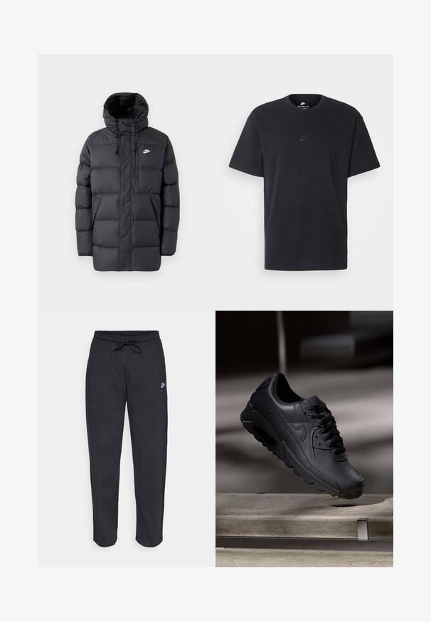 Melnā pūkainā jaka ar kapuci, kura aprīkota ar rāvējslēdzēju priekšā, elastīgiem cuffiem, sānu kabatām un nelielu logo uz krūtīm. Tekstūrēts, quiltēts dizains.; Nike melns kokvilnas T-krekls ar klasisku piegriezumu, īsām piedurknēm un smalku, reljefu logotipu uz krūškurvja. Gluda tekstūra.; Melnas sporta bikses, kas izgatavotas no mīksta auduma, ar elastīgu jostu, auklu un mazu Nike logo uz kreisā augšstilba.; Melnās Nike Air Max kedas ar strukturētu ādas augšdaļu, gumijas zoli un izteiktu auklu sistēmu, demonstrējot elegantu, mūsdienīgu dizainu.