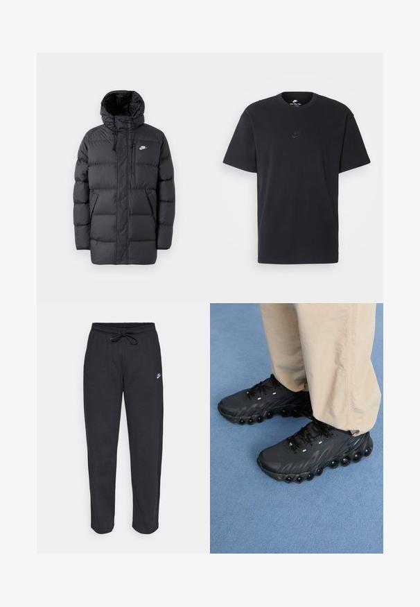 Zwarte pufferjack met capuchon, uitgerust met een ritssluiting aan de voorkant, elastische manchetten, zijzakken en een klein logo op de borst. Getextureerd, gewatteerd ontwerp.; Zwarte katoenen t-shirt van Nike met een klassieke ronde hals, korte mouwen en een subtiele, reliëflogo op de borst. Gladde textuur.; Zwarte sweatpants van zacht stof met een elastische tailleband, trekkoord en een klein Nike-logo op de linker bovenbeen.; Zwarte sportieve schoenen met een gestructureerde bovenkant, een gebogen zool en duidelijke luchtkussens langs de onderkant. Voorzien van veters en reflecterende accenten.