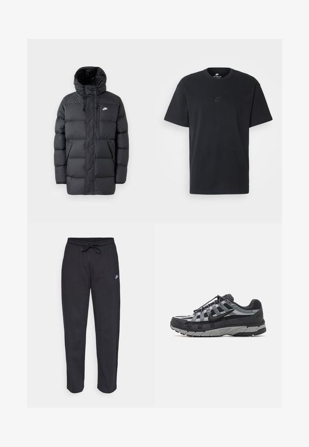 Svart boblejakke med hette, med glidelås i front, elastiske mansjetter, sidelommer og en liten logo på brystet. Strukturert, quiltet design.; Nike svart bomull T-skjorte med klassisk rund hals, korte ermer, og en subtil, preget logo på brystet. Glatt tekstur.; Sorte sweatpants laget av mykt stoff med elastisk midjebånd, snøring og en liten Nike-logo på venstre lår.; Nike P-6000-sneakers i svart og grå mesh, med en strukturert overdel, reflekterende detaljer og en polstret gummisåle med ribbeformet mønster.