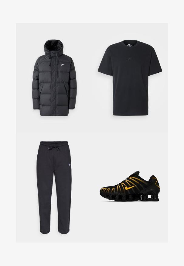 Juodas pūkinis paltas su kapuci, su užtrauktuku priekyje, elastiniais rankogaliais, šoninėmis kišenėmis ir mažą logotipą krūtinėje. Struktūruotas, siuvinėtas dizainas.; Juodas medvilninis Nike marškinėliai su klasikinėmis apykaklėmis, trumpomis rankovėmis ir subtiliu, įspaustu logotipu ant krūtinės. Sklandus tekstūra.; Juodos sportinės kelnės, pagamintos iš minkštos medžiagos, su elastinga juostele, raišteliu ir mažuoju Nike logotipu kairiajame šlaunyje.; Juodas sportinis batelis su geltonais akcentais, turintis kvėpuojančią tinklinę viršutinę dalį, banginį dizainą ir išskirtinę pagalvėlę.
