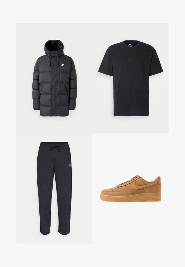 Fekete steppelt kabát kapucnival, elöl cipzárral, rugalmas mandzsettákkal, oldalsó zsebekkel és egy kis logóval a mellen. Texturált, steppelt kialakítás.; Fekete pamut póló Nike márkájú, klasszikus, kerek nyakú, rövid ujjú, és letisztult, dombornyomott logóval a mellkason. Simább textúra.; Fekete, puha anyagból készült melegítőnadrág, rugalmas derékkal, húzózsinórral és egy kis Nike logóval a bal combján.; Nike Sportswear AIR FORCE 1 07 - Sportcipő - flax/wheat/light brown/black/team gold