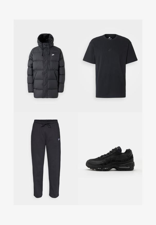 Black puffer jacket with a hood, featuring a zip front, elastic cuffs, side pockets, and a small logo on the chest. Textured, quilted design.; Nike black cotton t-shirt with a classic crew neck, short sleeves, and a subtle, embossed logo on the chest. Smooth texture.; Black sweatpants made of soft fabric with an elastic waistband, drawstring, and a small Nike logo on the left thigh.; Nike Sportswear AIR MAX 95 ESSENTIAL - Trainers - black/dark grey