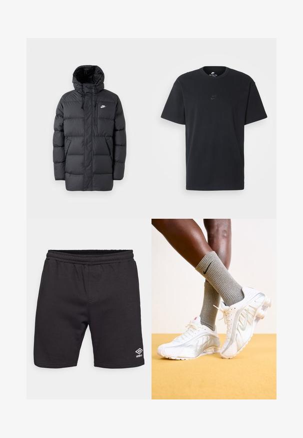 Mustard värvi puhvjakkk, millel on kapuuts, ees tõmblukk, elastsed mansetid, küljetaskud ja väike logo rinnal. Tekstuuriga, tikitud disain.; Nike musta mustast puuvillast T-särk klassikalise ümmarguse kaelusega, lühikeste varrukatega ja õrna, reljeefse logoga rinnal. Sile tekstuur.; Mustad mustad sportpüksid, mis on valmistatud pehmest kangast, painduva vöökohta ja väikese valge logoga vasakul alajala kohal.; Nike tenisijad valgetes toonides, hõbedaste aktsentidega, tekstureeritud paneelide ja perforatsioonidega. Koos hallide ribadega sokkidega, kollasel taustal.