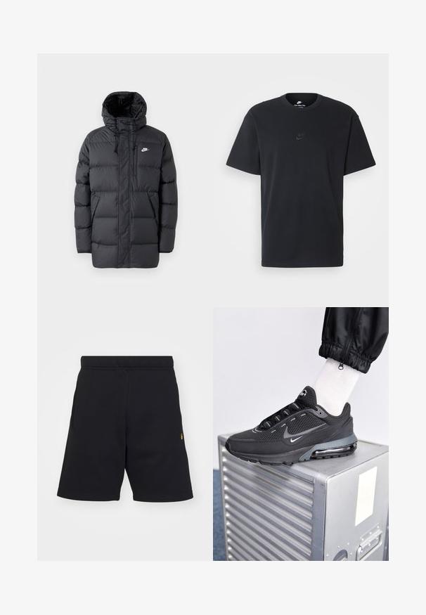 Chaqueta de plumas negra con capucha, que cuenta con un cierre de cremallera frontal, puños elásticos, bolsillos laterales y un pequeño logo en el pecho. Diseño texturizado y acolchado.; Camiseta negra de algodón de Nike con un clásico cuello redondo, mangas cortas y un sutil logo en relieve en el pecho. Textura suave.; Bermudas negras hechas de una tela suave, con una cintura elástica, bolsillos laterales y un pequeño logotipo dorado en la parte inferior izquierda.; Nike Sportswear PULSE - Zapatillas - black/anthracite
