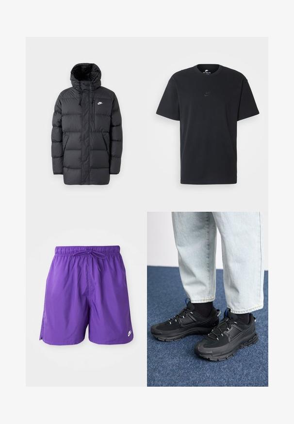Svart puffjacka med huva, med dragkedja fram, elastiska ärmslut, sidofickor och en liten logotyp på bröstet. Texturerad, vadderad design.; Svart t-shirt i bomull från Nike med klassisk rund halsringning, korta ärmar och en diskret, präglad logotyp på bröstet. Slät textur.; Lila baddräktsbyxor med elastisk midja och snörning. Har sidofickor och en liten vit logotyp på nederkanten. Mjuk struktur.; Svarta sportskor med texturerat tyg och gummisulor, med elastiska snörningar och en blå detalj på hälen. Bärs med ljusa jeans.