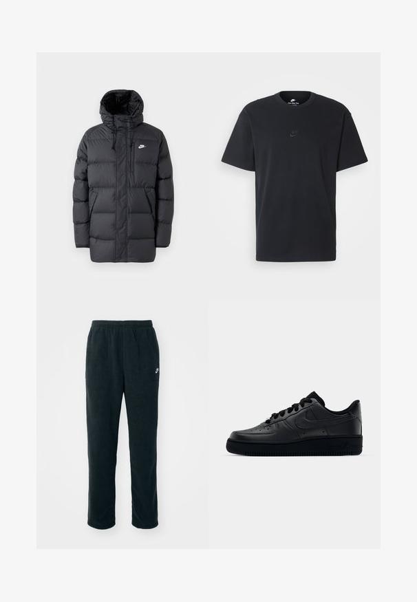 Juodas pūkinis paltas su kapuci, su užtrauktuku priekyje, elastiniais rankogaliais, šoninėmis kišenėmis ir mažą logotipą krūtinėje. Struktūruotas, siuvinėtas dizainas.; Juodas medvilninis Nike marškinėliai su klasikinėmis apykaklėmis, trumpomis rankovėmis ir subtiliu, įspaustu logotipu ant krūtinės. Sklandus tekstūra.; Nike Sportswear CLUB WINTERIZED - Treningo apatinė dalis - black/white; Juodi Nike Air Force 1 sportbačiai su lygia odine viršutine dalimi, perforuotu kepurėle kvėpuojamumui, juodomis raištelėmis ir tekstūruotu guminį padu.