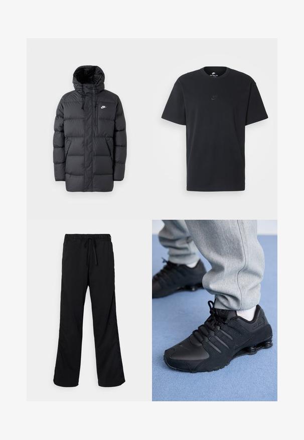 Svart puffjacka med huva, med dragkedja fram, elastiska ärmslut, sidofickor och en liten logotyp på bröstet. Texturerad, vadderad design.; Svart t-shirt i bomull från Nike med klassisk rund halsringning, korta ärmar och en diskret, präglad logotyp på bröstet. Slät textur.; Svarta träningsbyxor med elastisk midja, dragkedjeslutning och sidpaneler. Tillverkade av lättviktig tyg, med en logotyp på sidan.; Person som bär svarta Nike Shox-sneakers och grå träningsbyxor stående på en ljusblå matta.
