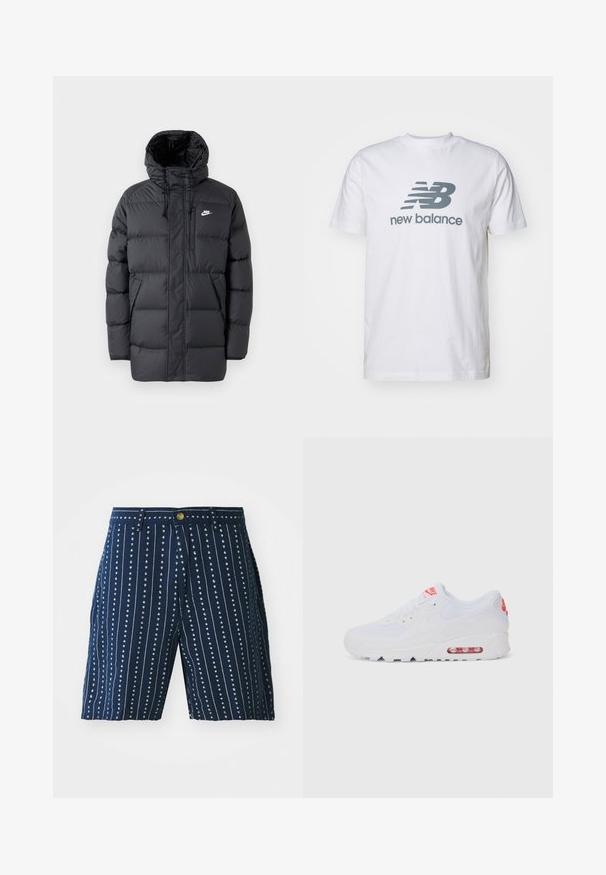 Černá péřová bunda s kapucí, má zip vpředu, elastické manžety, boční kapsy a malé logo na prsou. Texturovaný, prošívaný design.; Bílý bavlněný tričko s šedým logem "NB" a textem "new balance", krátké rukávy, klasický design s kruhovým výstřihem, hladká textura.; Námořnické kraťasy s vertikálními bílými pruhy a malými srdíčkovými vzory, s knoflíkovým zapínáním a poutky na pásek. Vyrobeno z lehké látky.; Bílé sportovní tenisky s hladkým svrškem, šněrováním, polstrovanou podrážkou a viditelnou vzduchovou jednotkou s červenými akcenty na značce.