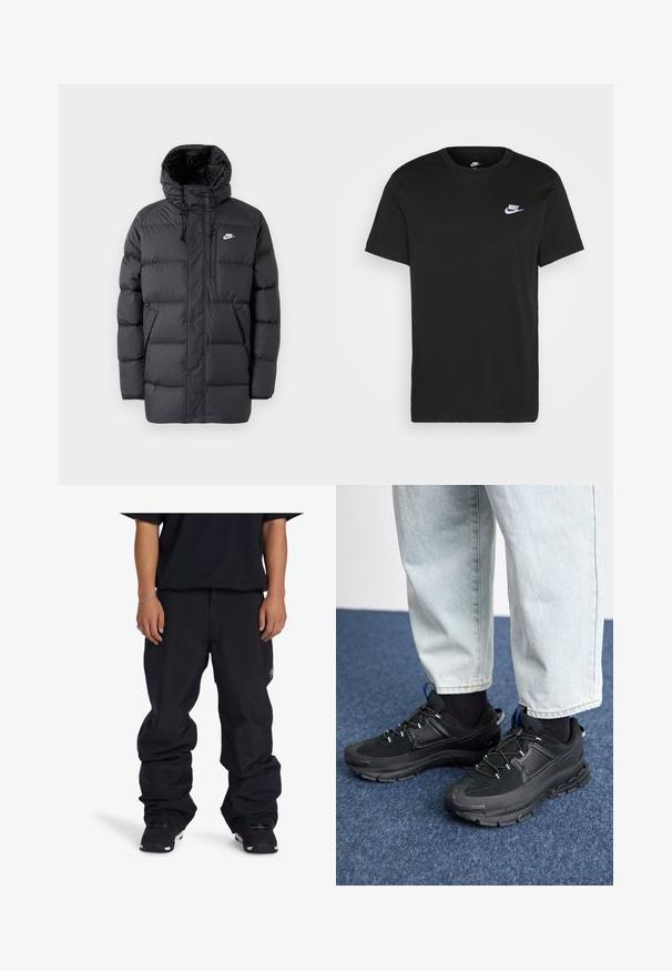Svart puffjacka med huva, med dragkedja fram, elastiska ärmslut, sidofickor och en liten logotyp på bröstet. Texturerad, vadderad design.; Svart bomullströja med korta ärmar, rund hals och en liten vit Nike-logotyp på övre vänstra bröstet. Slät textur. Klassisk passform.; DC Shoes FUNKTIONELLE - Snowboardbyxor - kvj0 black; Svarta sportskor med texturerat tyg och gummisulor, med elastiska snörningar och en blå detalj på hälen. Bärs med ljusa jeans.